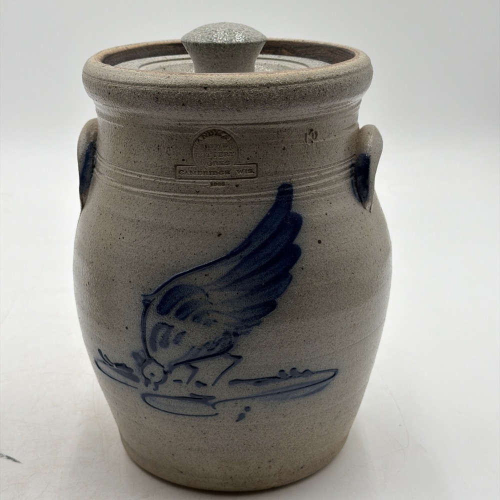 Vintage 1985 Rowe Pottery Works Canister Crock W/Lid Chicken Pecking